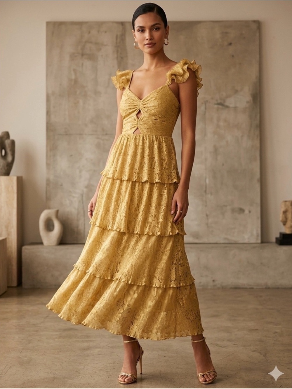 SAYLOR Soma Tiered Foil Laced Midi Dress NWT